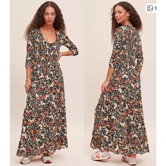 Anthropologie Omya Fall Flora Maxi Dress XS Back Orange Smocked Waist Scoop Neck - Picture 3 of 16